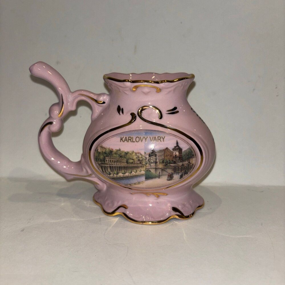 Vintage Karlovy Vary Czech Porcelain Spa Drinking Cup - Pink & Gold Trim